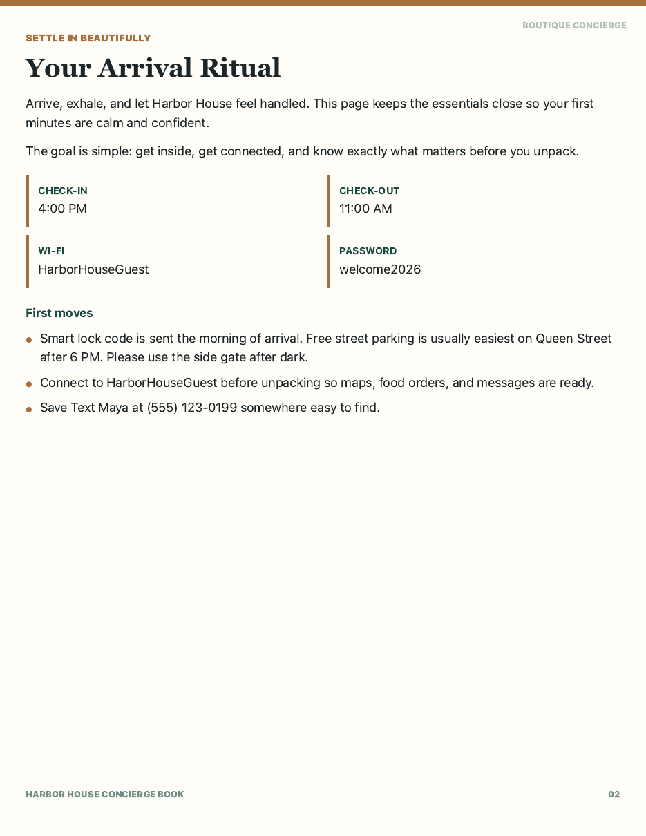 Arrival details page screenshot from a Staybook Studio PDF