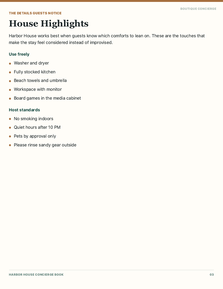 House highlights page screenshot from a Staybook Studio PDF